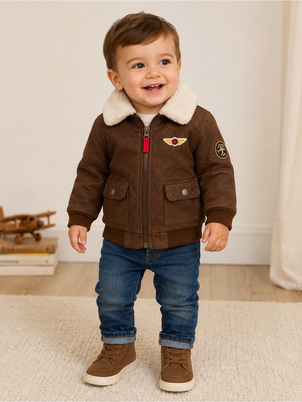 Little Me Brown Jacket with Cream Sherpa Collar
